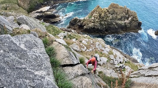 Fiona coming up the first pitch of the Bosigran classic Door Post. Great climbing, stunning location!  © mikeysee123