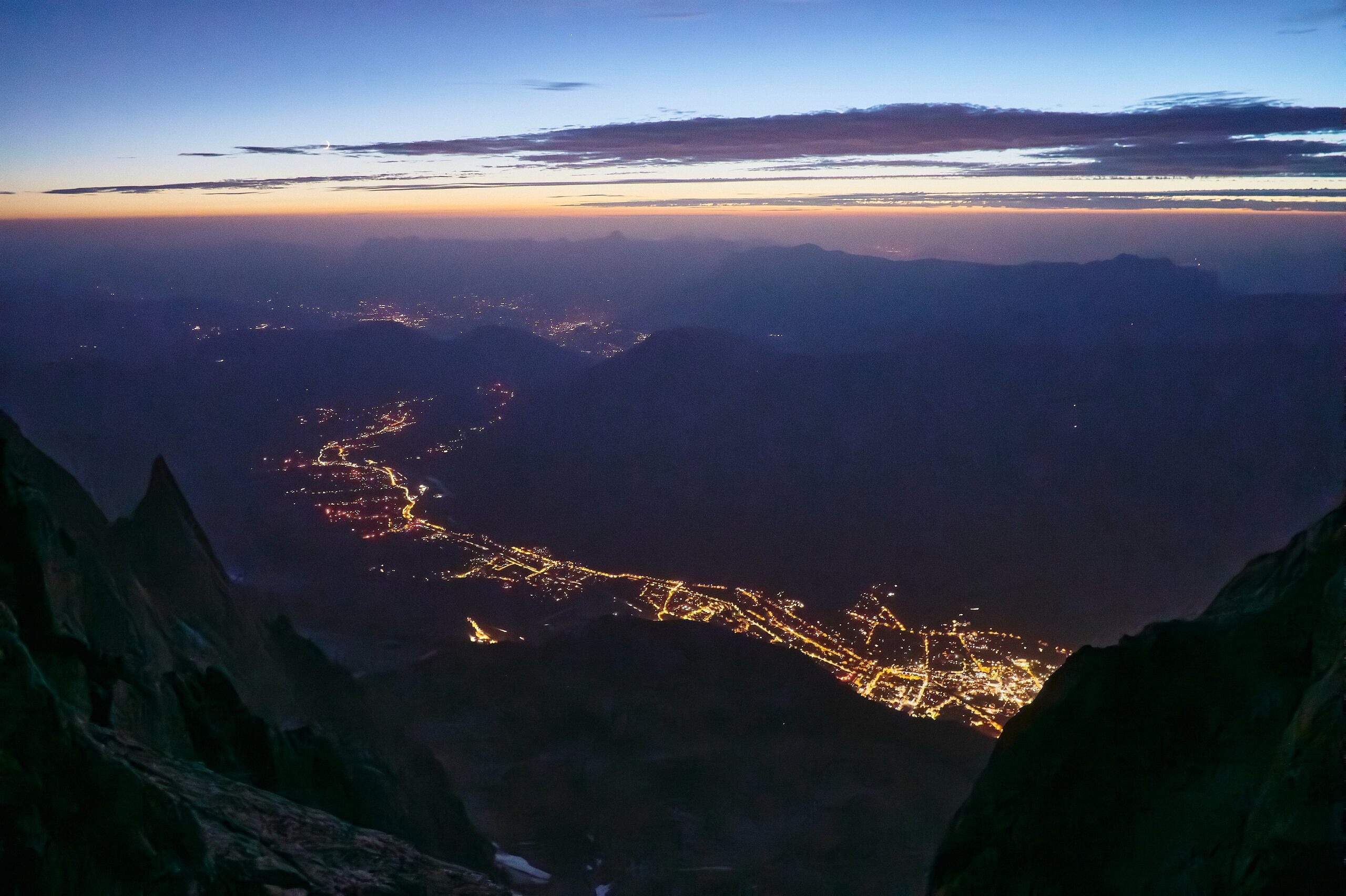The Chamonix valley at night from below the summit of the Blaitière  © Hamish Frost