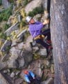 Joe Brown repeating The Right Unconquerable, Stanage, 47 years after making the first ascent, belayed by Claude Davies<br>© Gordon Stainforth