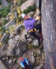 Joe Brown repeating The Right Unconquerable, Stanage, 47 years after making the first ascent, belayed by Claude Davies