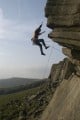 Duncan Irving taking a graceful exit from Flying Buttress Direct (E1 5b), Stanage