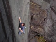Pete holding the crucial Dyno on a redpoint attempt on Spong (Is good for you) F7c, Rainbow Walls