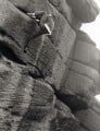 John Syrett making the first ascent of Joker's Wall (E4 6a), solo, at Brimham, 17 April 1971