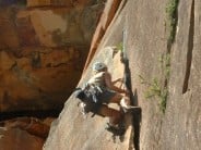 Toby Dunford climbing Flake Crack in the Blue mountains
