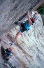 Alan Lester making the first free ascent of Anaconda, Lumpy Ridge, Colorado.