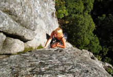 Cara cruising the last pitch of Central Groove at the Dewerstone