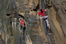Quarried classics. John on Fairy Steps Direct (VS 4c) and Ali on Forked Lightning Crack (E3 5c) at Heptonstall, Yorkshire